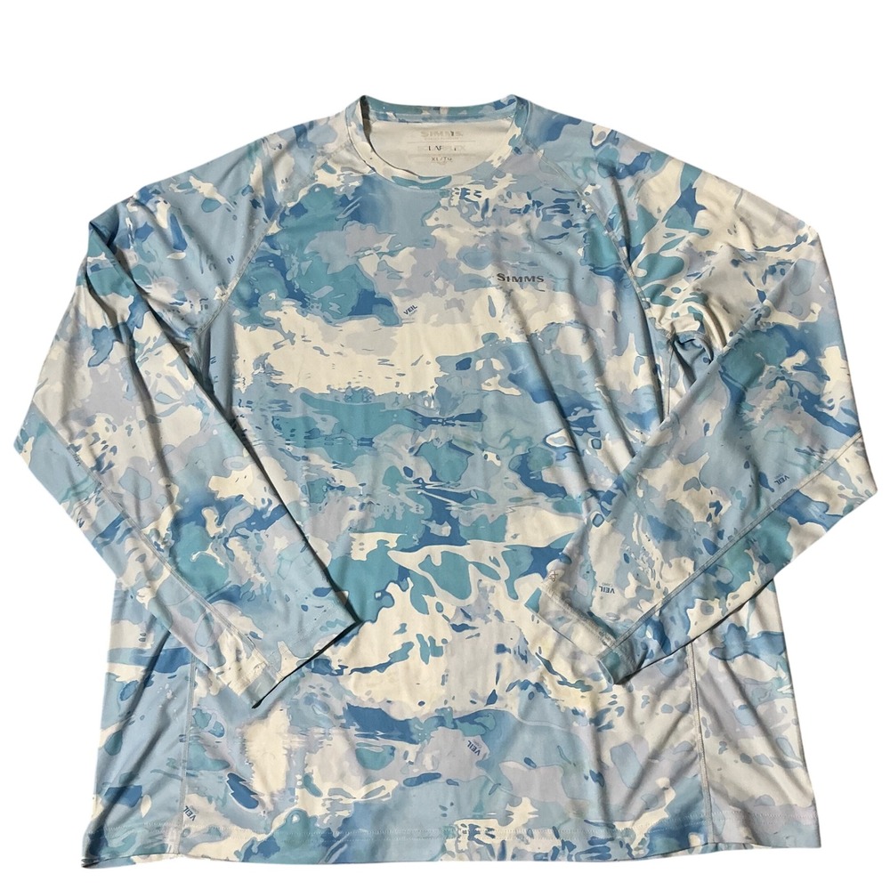 Simms SolarFlex Fishing Shirt Mens XL Blue Veil Camo Long Sleeve UPF 40781 FLAW